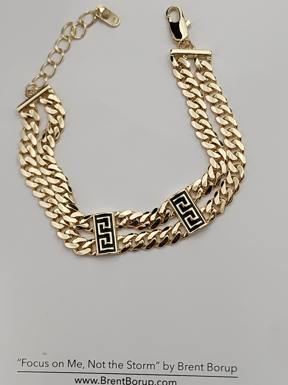 Gold-Tone Triple Chain Bracelet with Black Greek Key Accents